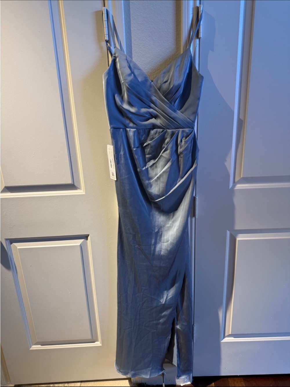 Azazie Dusty Blue Satin Wrap-Front Maxi Dress with High Slit - Picture 2 of 4